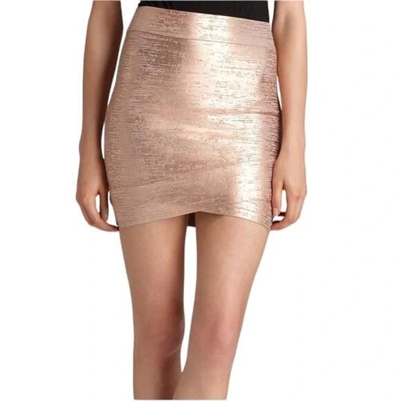 BCBGMaxazria | NWT Silvie Rose Gold Metallic Foil Body-con Bandage Mini Skirt - Picture 2 of 8
